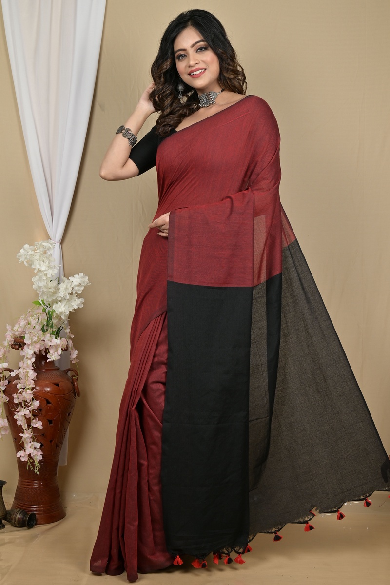 Brown Black Pure Cotton ThanKhaditu Hand Loom Saree (2100)