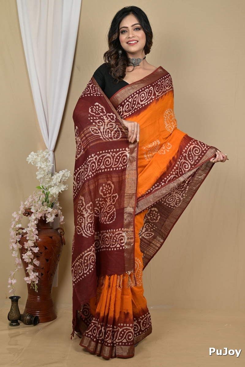 Brown Yellow Pure Cotton Batikato Batik Print Saree (2101)