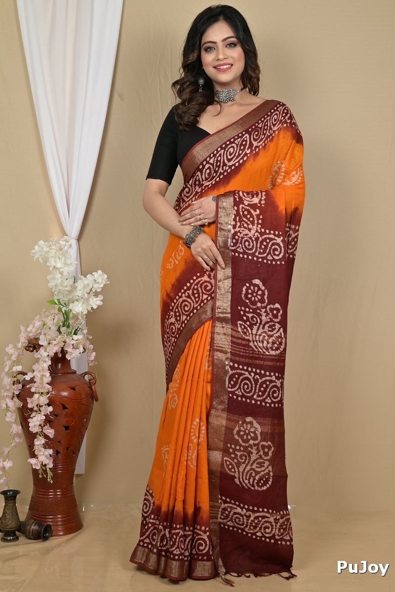 Brown Yellow Pure Cotton Batikato Batik Print Saree (2101)