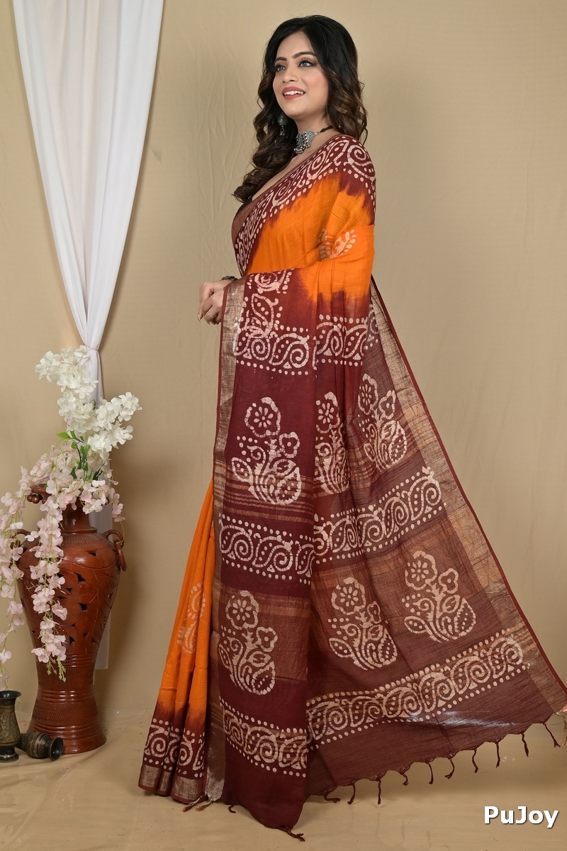 Brown Yellow Pure Cotton Batikato Batik Print Saree (2101)