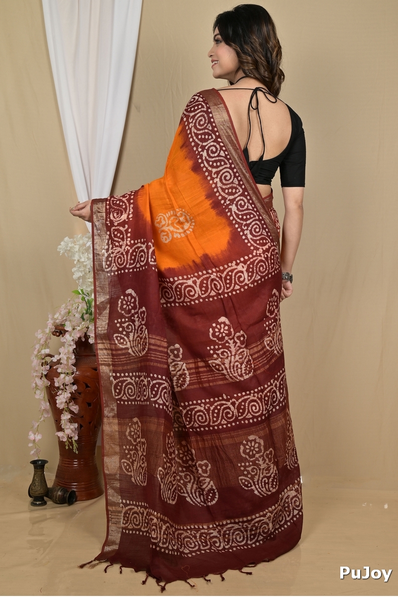 Brown Yellow Pure Cotton Batikato Batik Print Saree (2101)