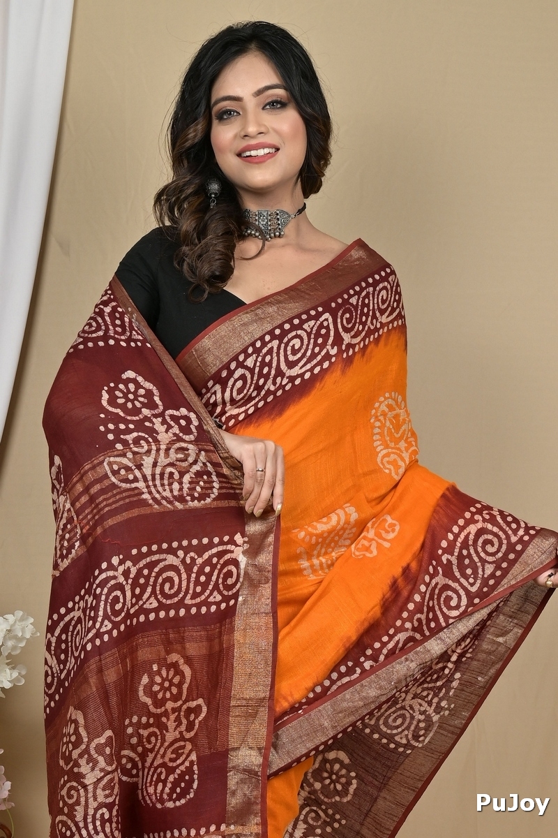 Brown Yellow Pure Cotton Batikato Batik Print Saree (2101)