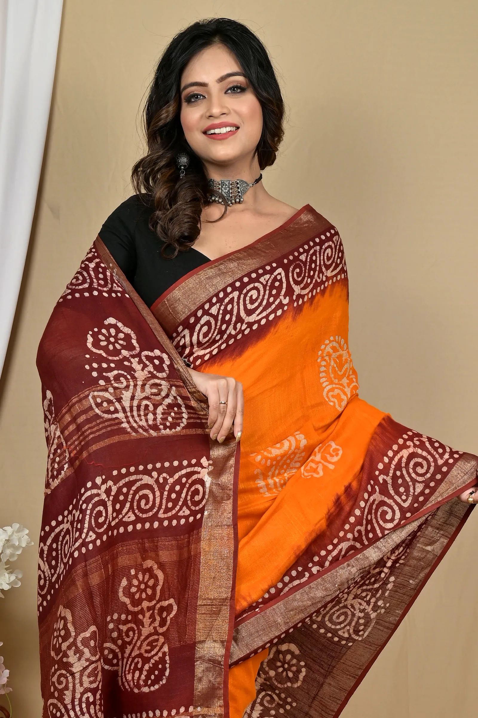 Brown Yellow Pure Cotton Batikato Batik Print Saree (2101)