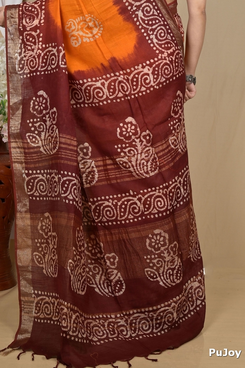 Brown Yellow Pure Cotton Batikato Batik Print Saree (2101)