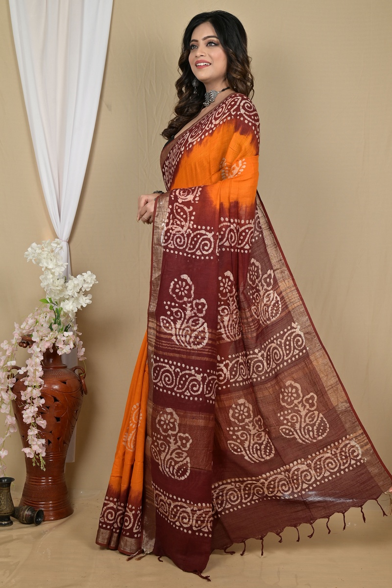 Brown Yellow Pure Cotton Batikato Batik Print Saree (2101)