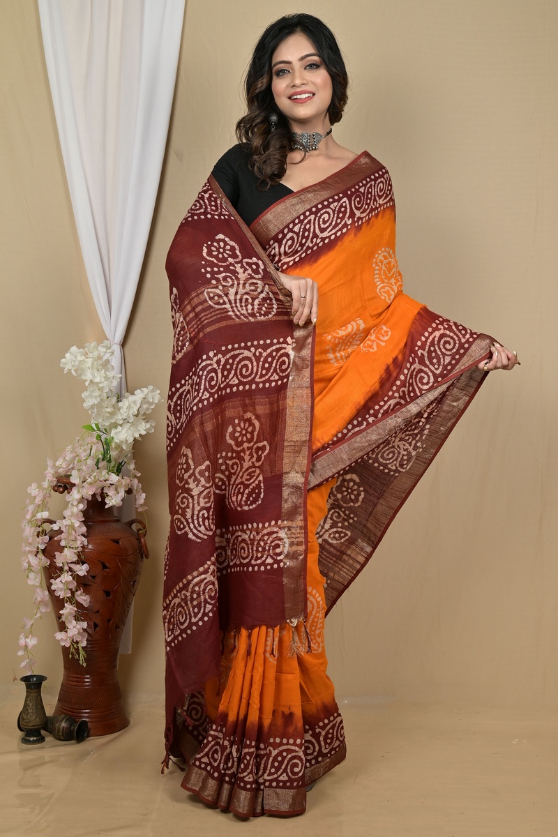 Brown Yellow Pure Cotton Batikato Batik Print Saree (2101)