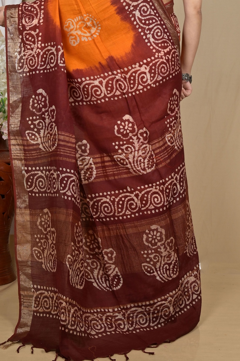 Brown Yellow Pure Cotton Batikato Batik Print Saree (2101)