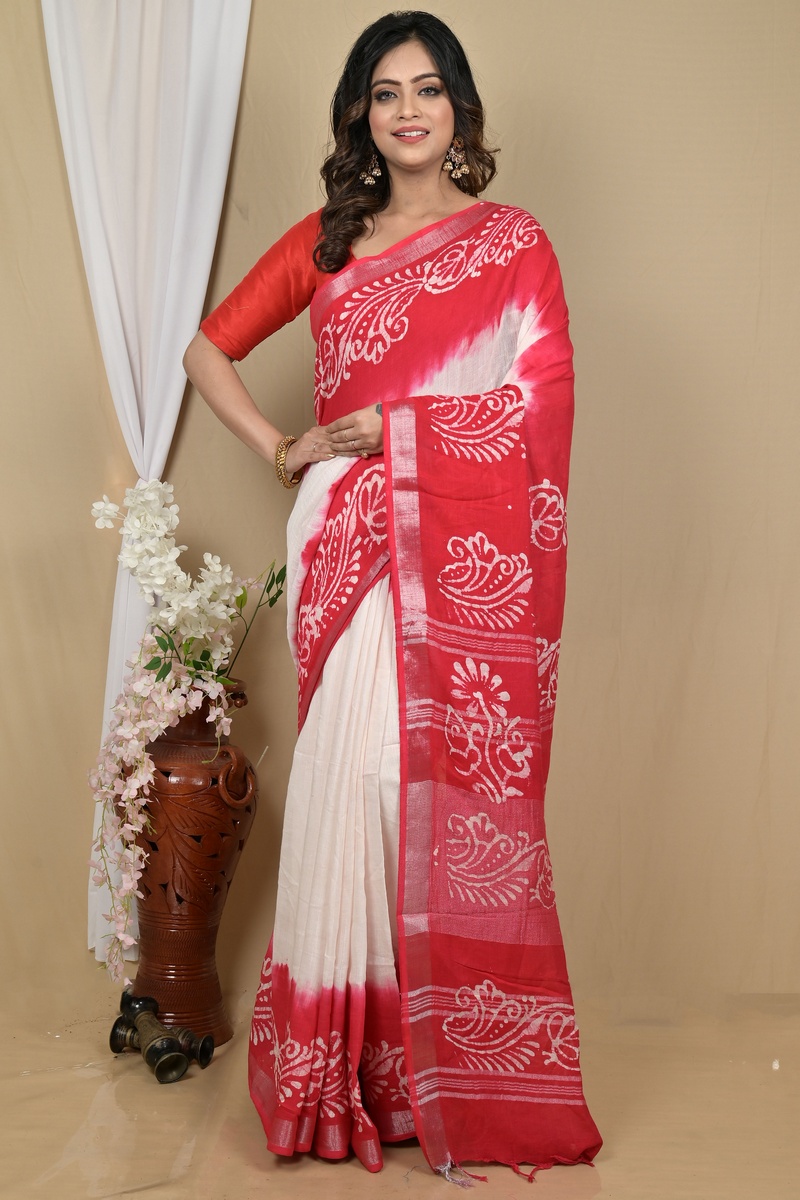 White Pink Pure Cotton Batikato Batik Print Saree (2102)