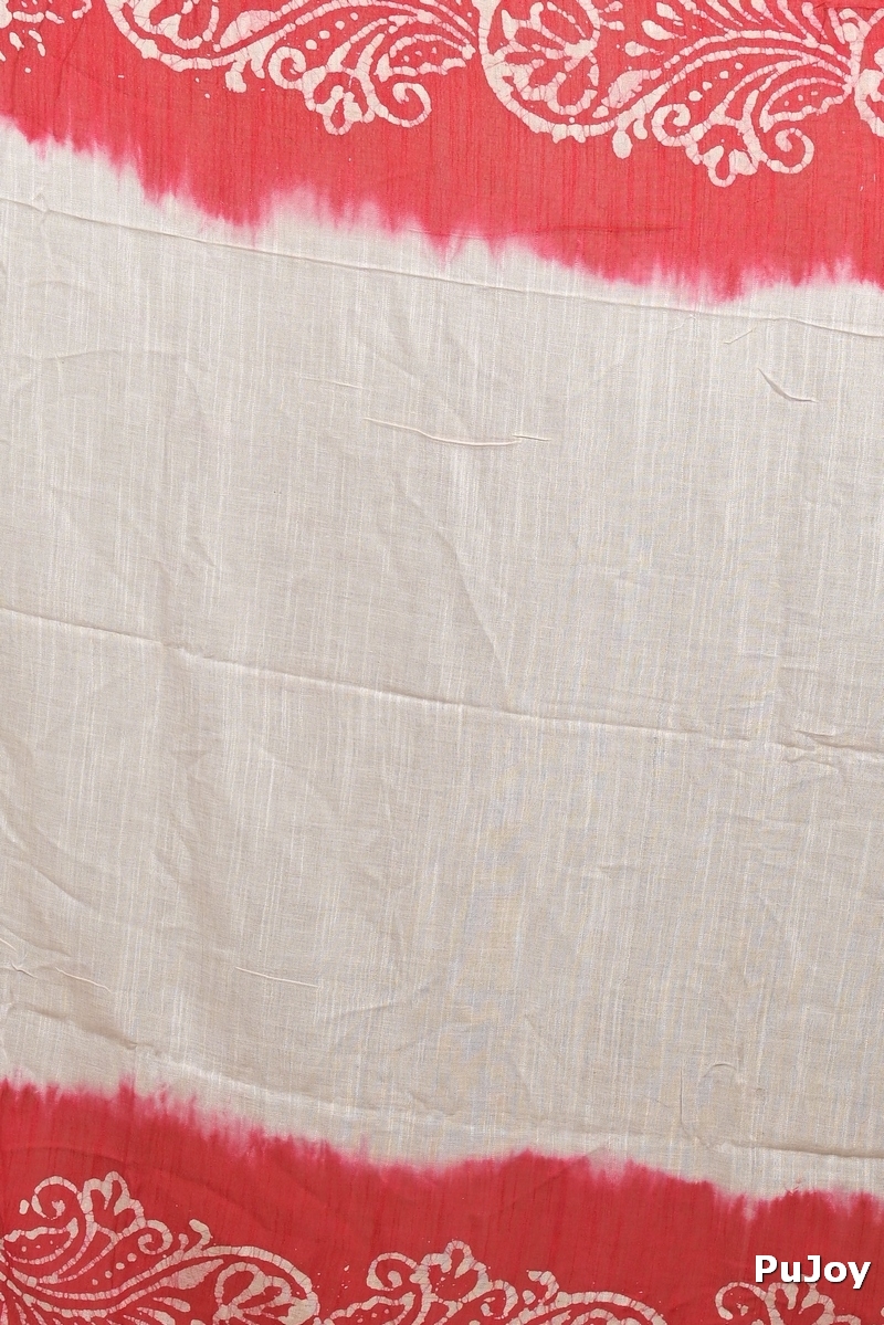 White Pink Pure Cotton Batikato Batik Print Saree (2102)