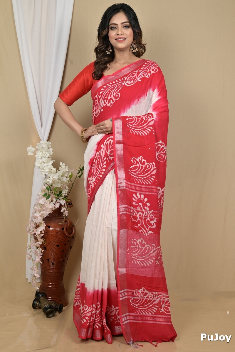 White Pink Pure Cotton Batikato Batik Print Saree (2102)