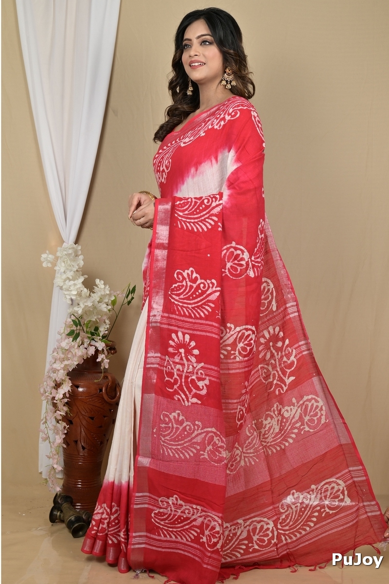 White Pink Pure Cotton Batikato Batik Print Saree (2102)