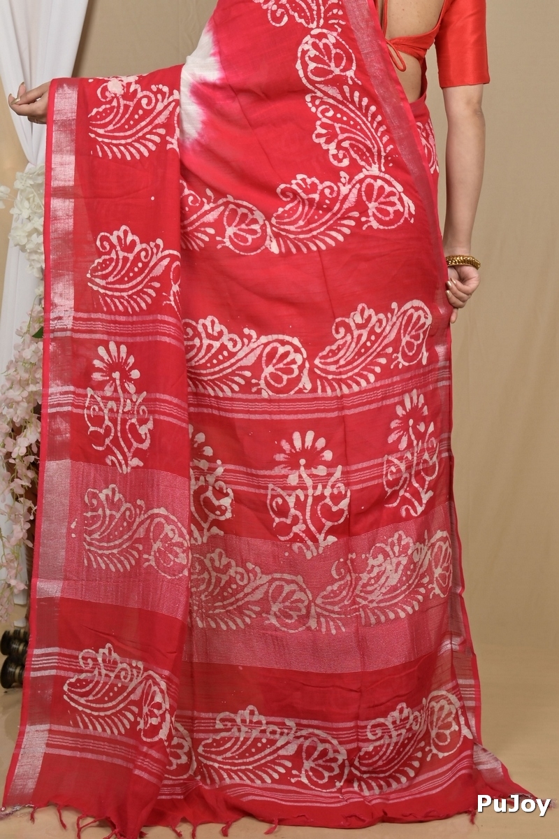White Pink Pure Cotton Batikato Batik Print Saree (2102)