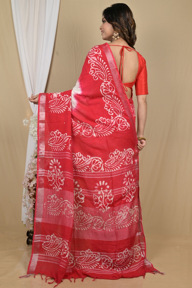 White Pink Pure Cotton Batikato Batik Print Saree (2102)