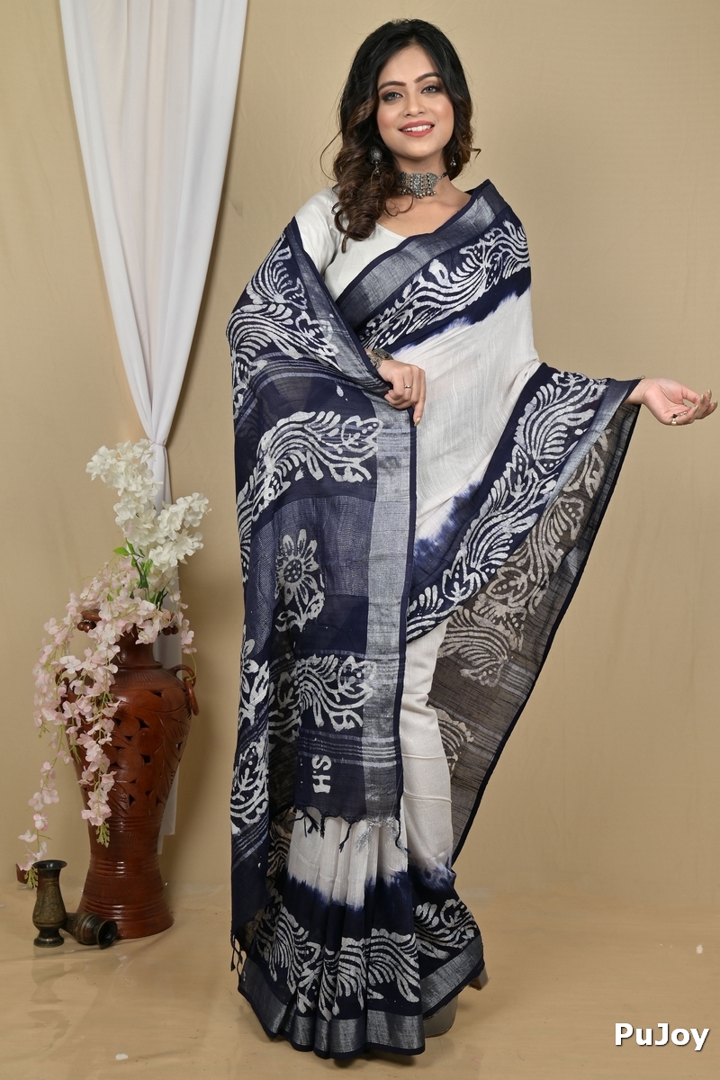 White Blue Pure Cotton Batikato Batik Print Saree (2103)