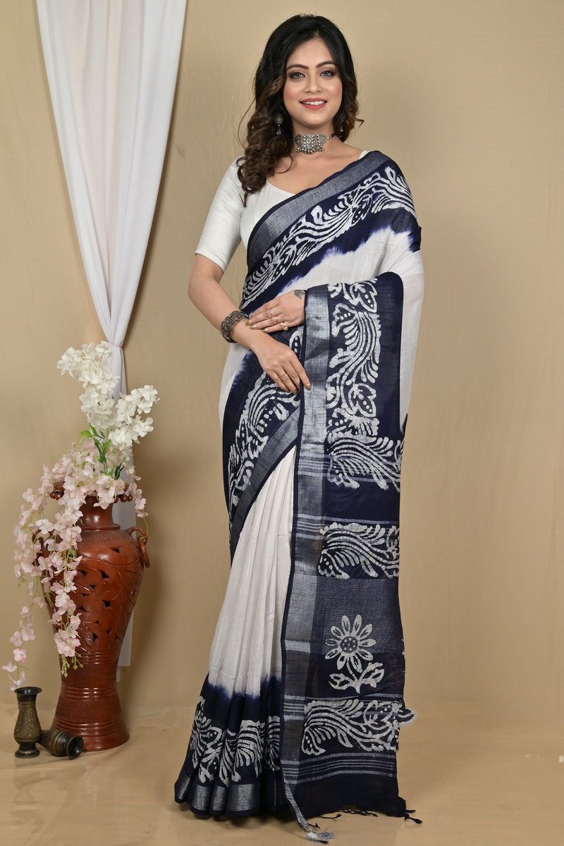 White Blue Pure Cotton Batikato Batik Print Saree (2103)