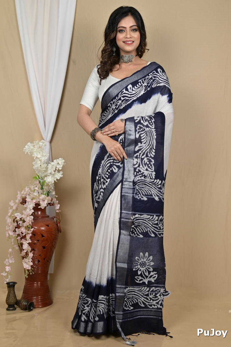 White Blue Pure Cotton Batikato Batik Print Saree (2103)