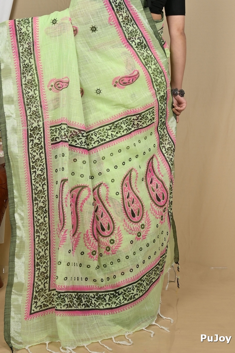Light Green Pure Cotton Hilda Printed Handloom Saree (2104)