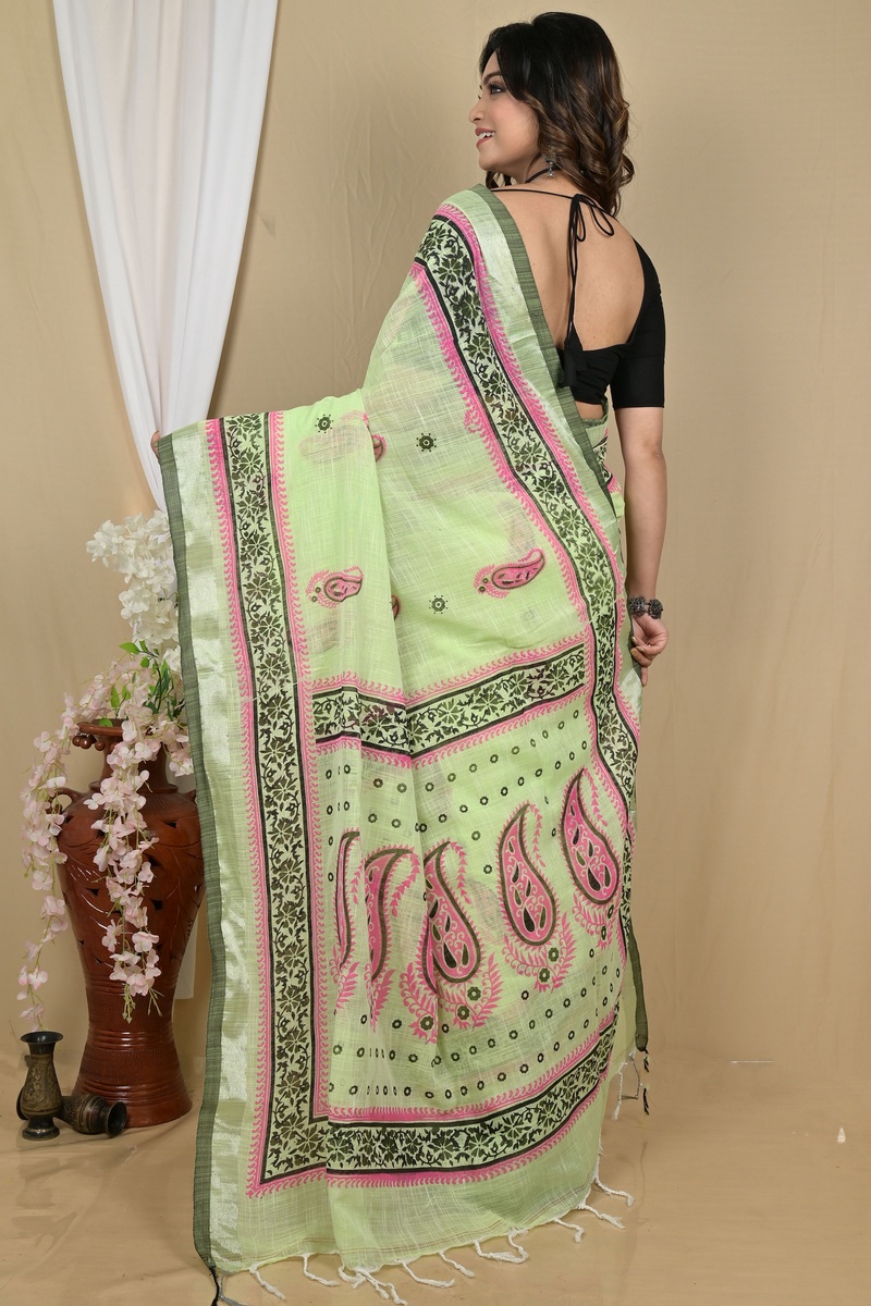Light Green Pure Cotton Hilda Printed Handloom Saree (2104)