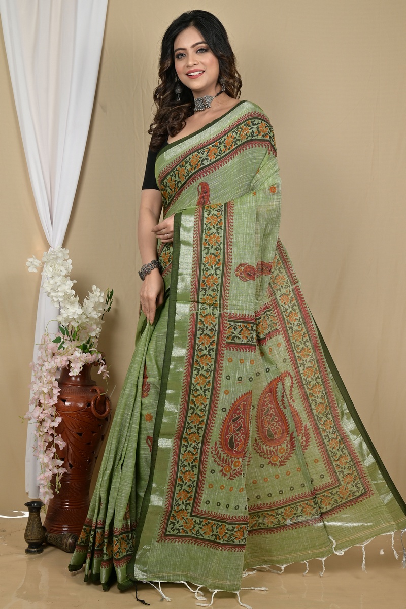 Dark Green Pure Cotton Hilda Printed Handloom Saree (2105)