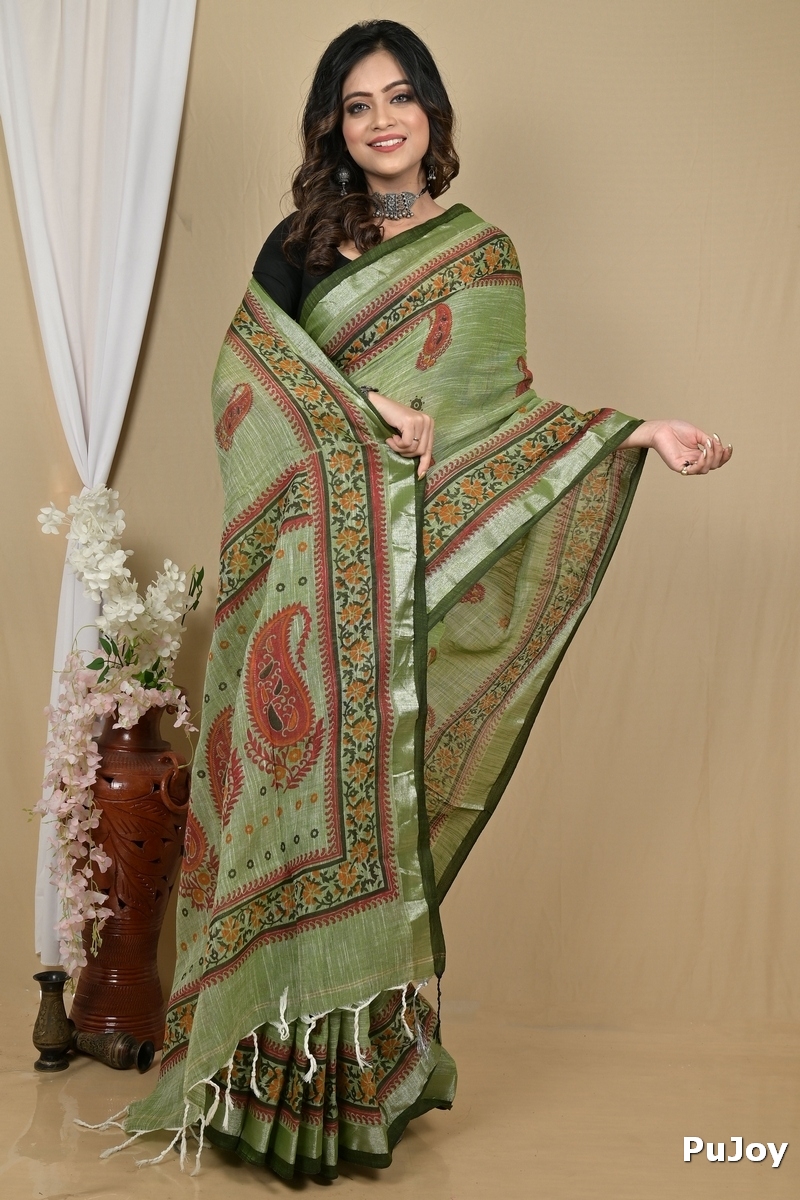 Dark Green Pure Cotton Hilda Printed Handloom Saree (2105)