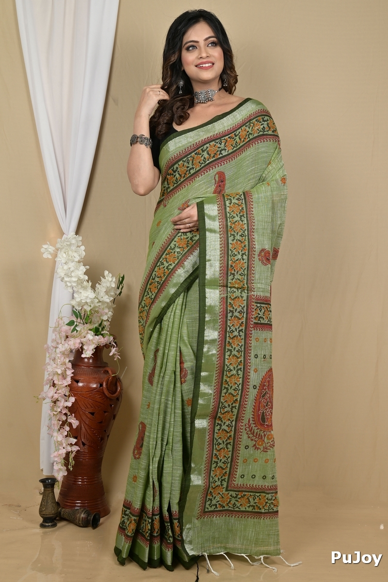 Dark Green Pure Cotton Hilda Printed Handloom Saree (2105)