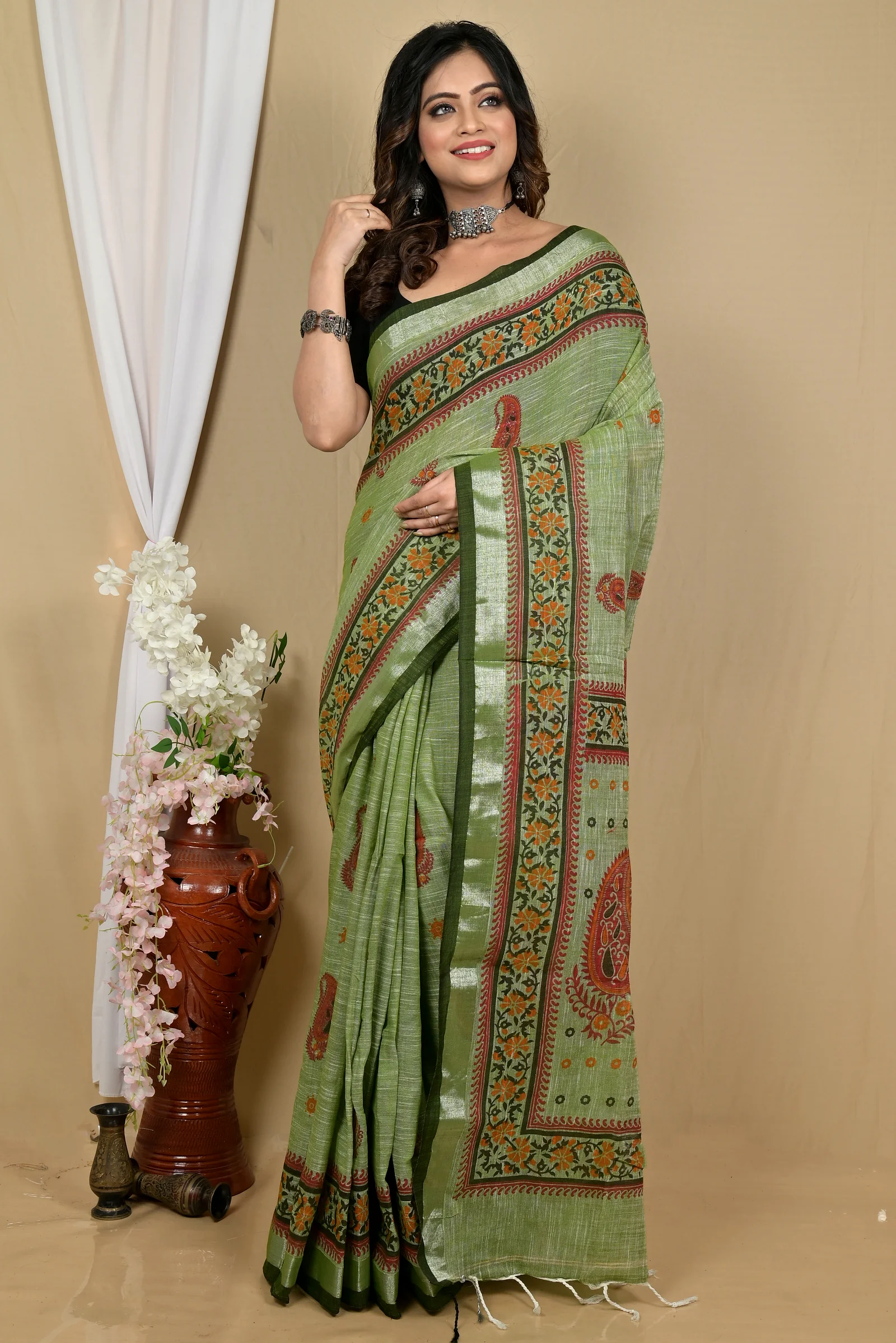 Dark Green Pure Cotton Hilda Printed Handloom Saree (2105)