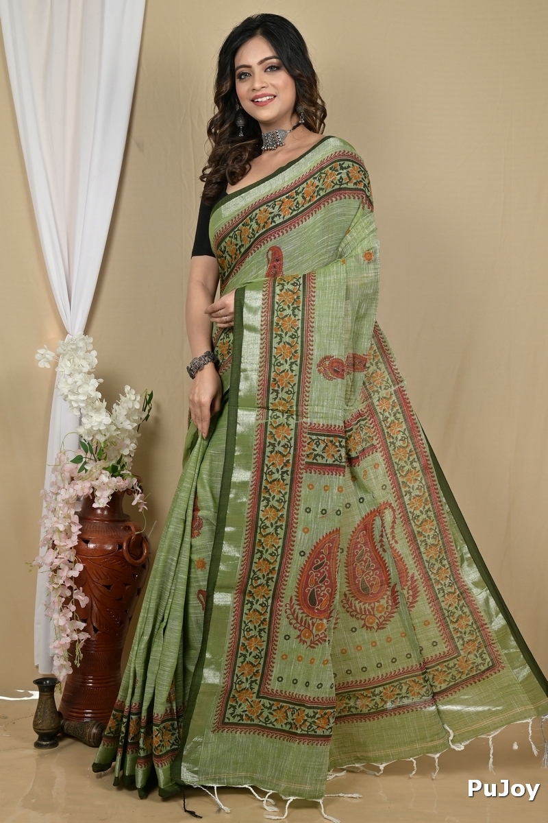 Dark Green Pure Cotton Hilda Printed Handloom Saree (2105)