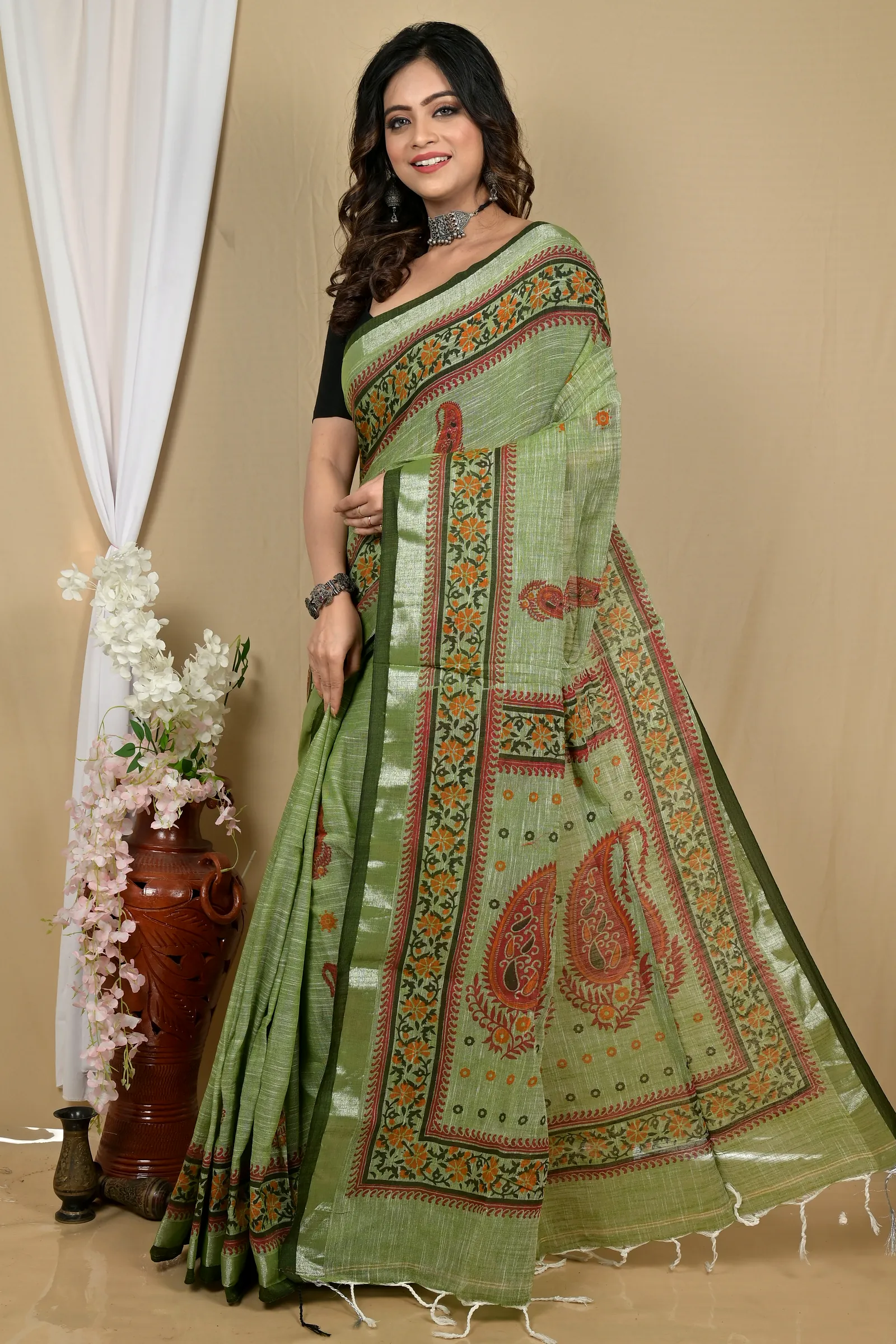 Dark Green Pure Cotton Hilda Printed Handloom Saree (2105)