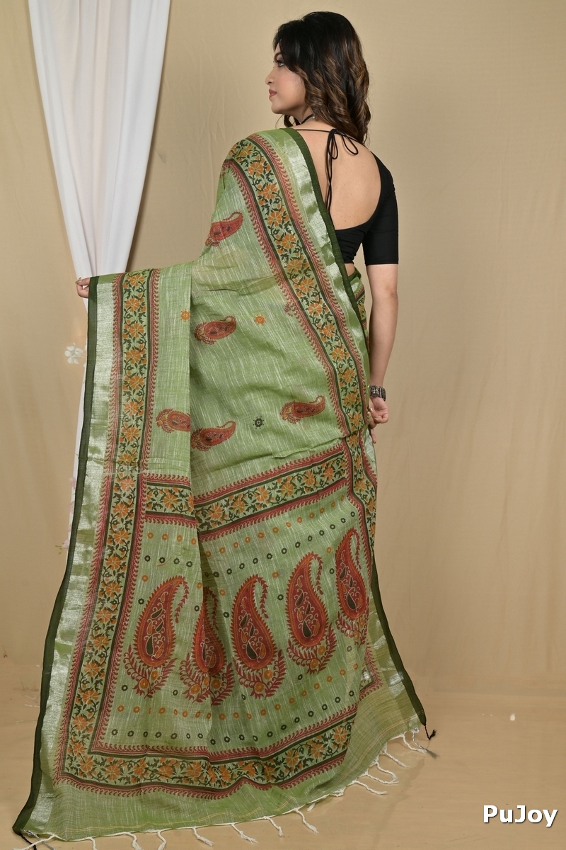 Dark Green Pure Cotton Hilda Printed Handloom Saree (2105)