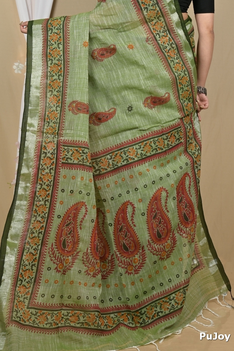 Dark Green Pure Cotton Hilda Printed Handloom Saree (2105)