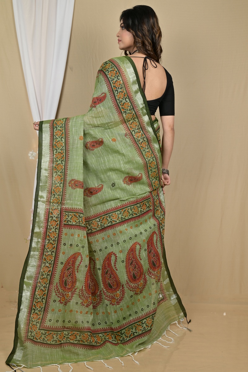 Dark Green Pure Cotton Hilda Printed Handloom Saree (2105)