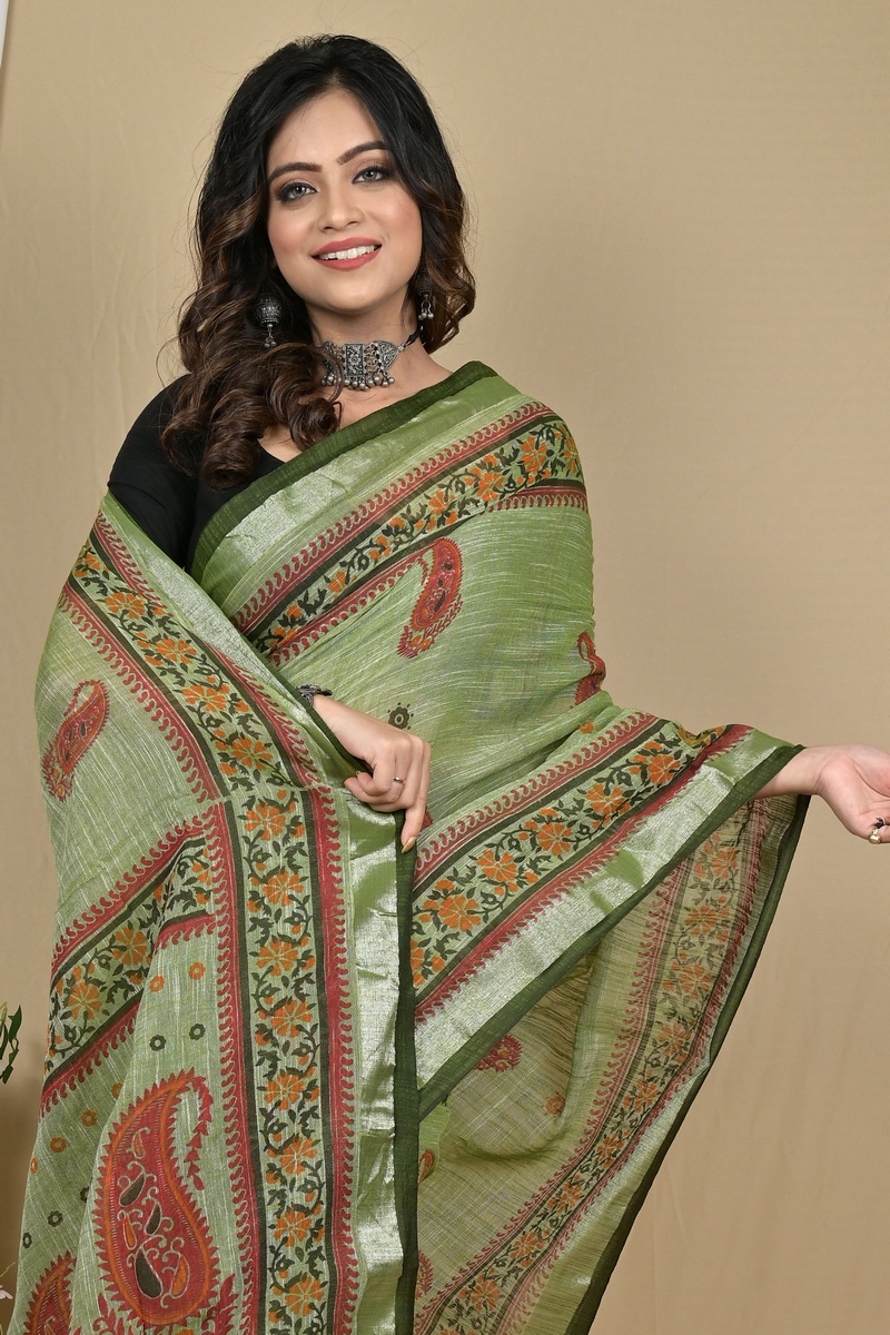 Dark Green Pure Cotton Hilda Printed Handloom Saree (2105)