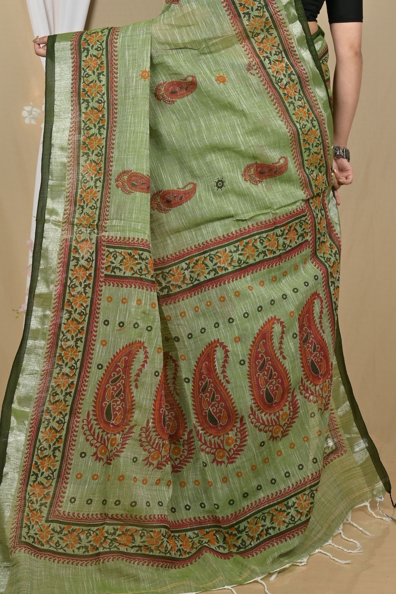 Dark Green Pure Cotton Hilda Printed Handloom Saree (2105)