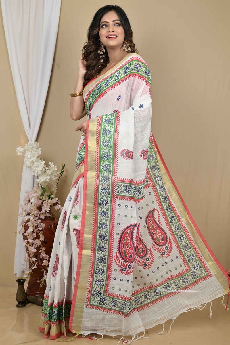 White Red Pure Cotton Hilda Printed Handloom Saree (2106)