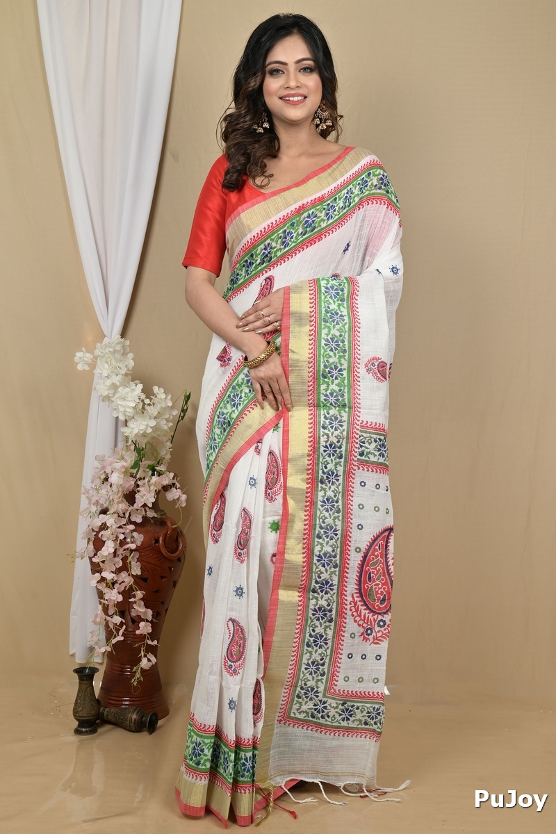 White Red Pure Cotton Hilda Printed Handloom Saree (2106)