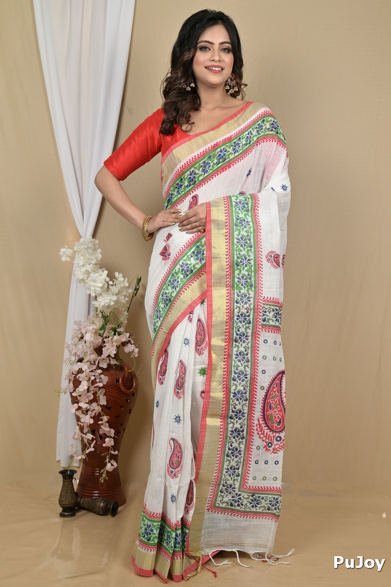 White Red Pure Cotton Hilda Printed Handloom Saree (2106)