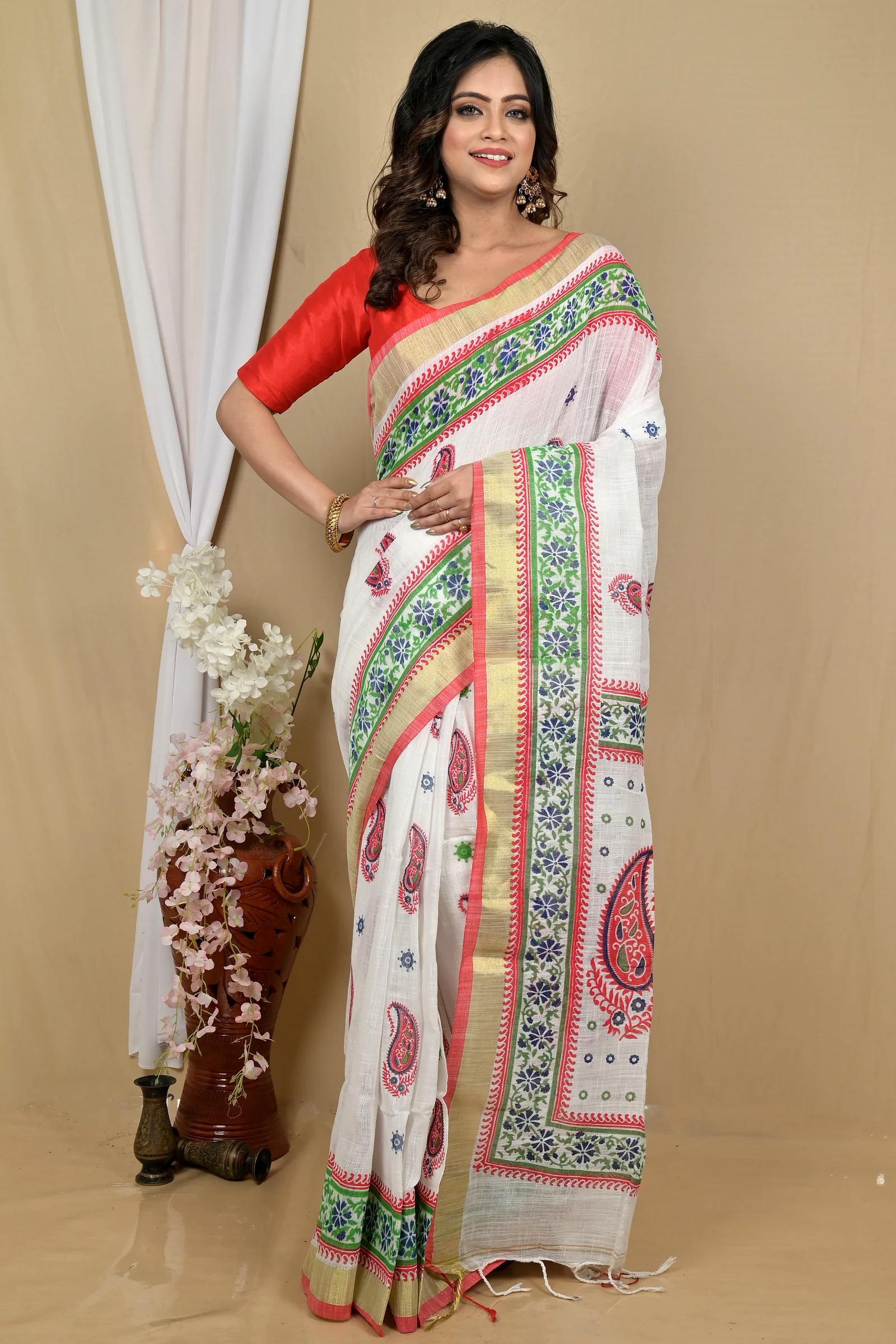 White Red Pure Cotton Hilda Printed Handloom Saree (2106)