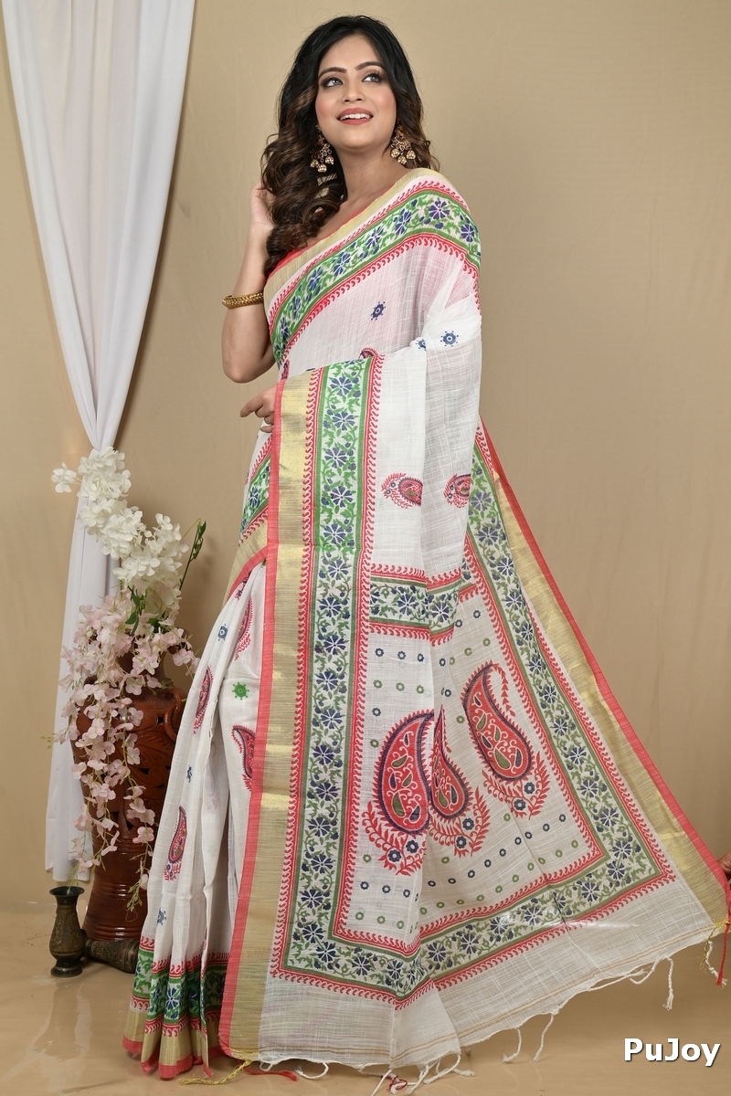 White Red Pure Cotton Hilda Printed Handloom Saree (2106)