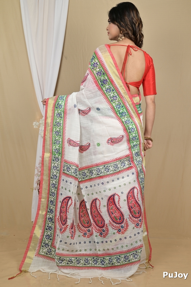 White Red Pure Cotton Hilda Printed Handloom Saree (2106)
