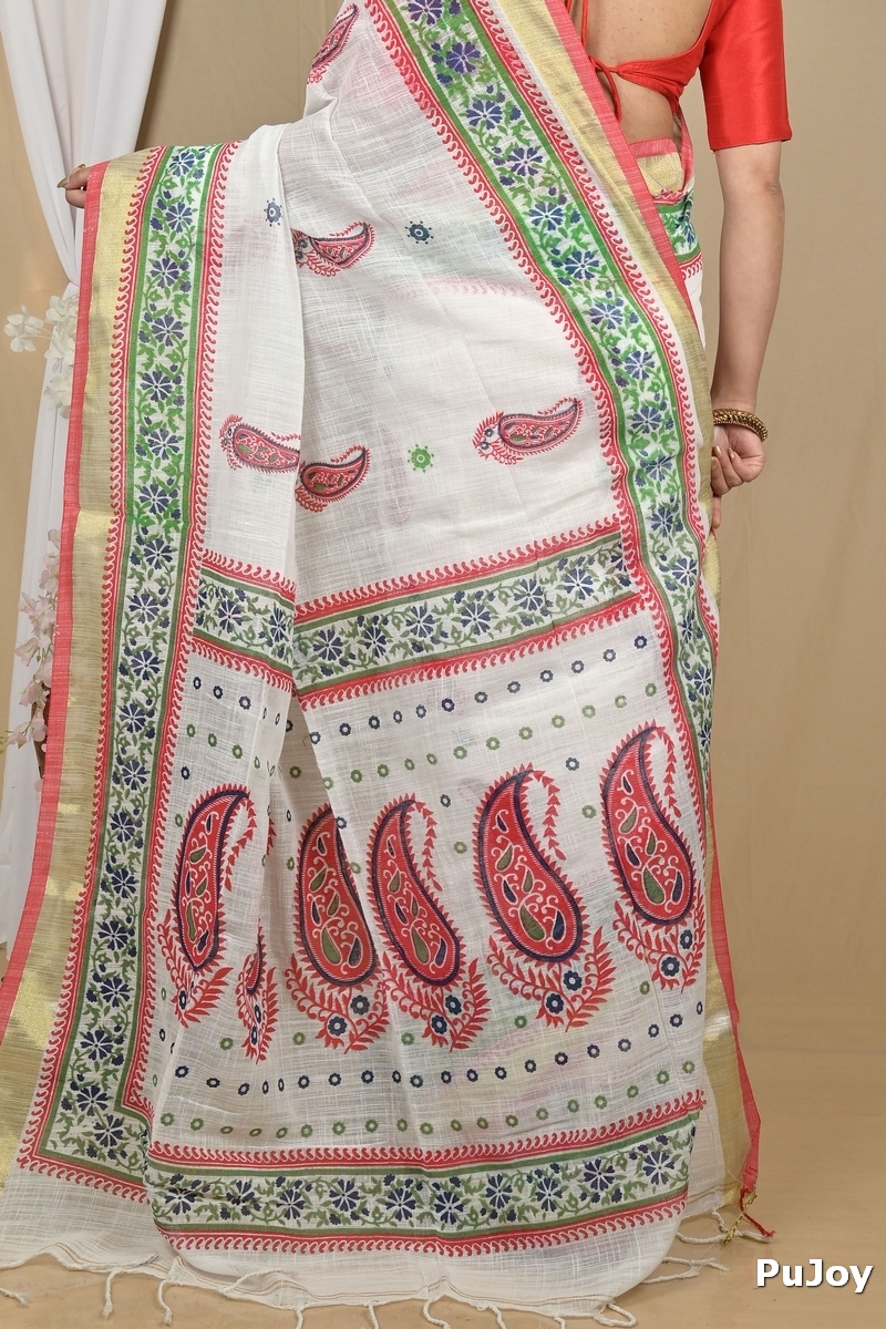 White Red Pure Cotton Hilda Printed Handloom Saree (2106)