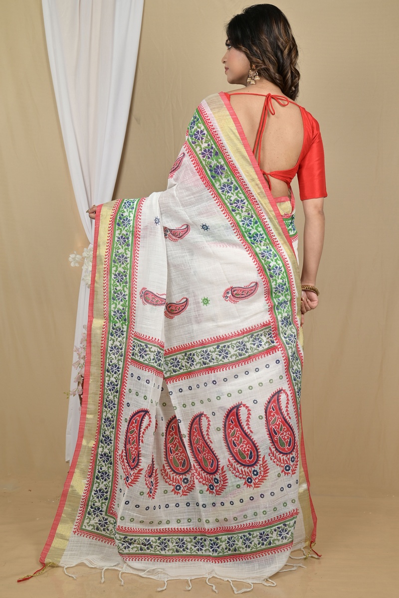 White Red Pure Cotton Hilda Printed Handloom Saree (2106)