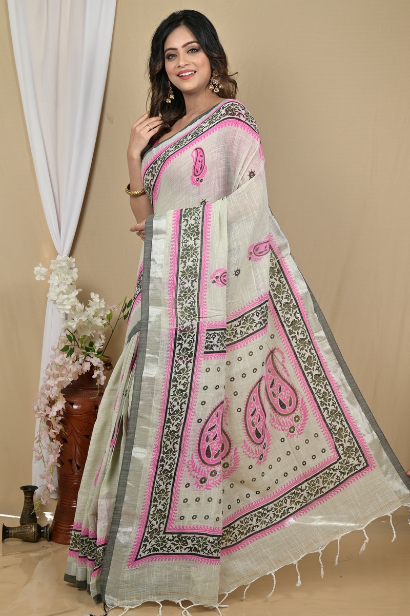 Grey Pink Pure Cotton Hilda Printed Handloom Saree (2107)