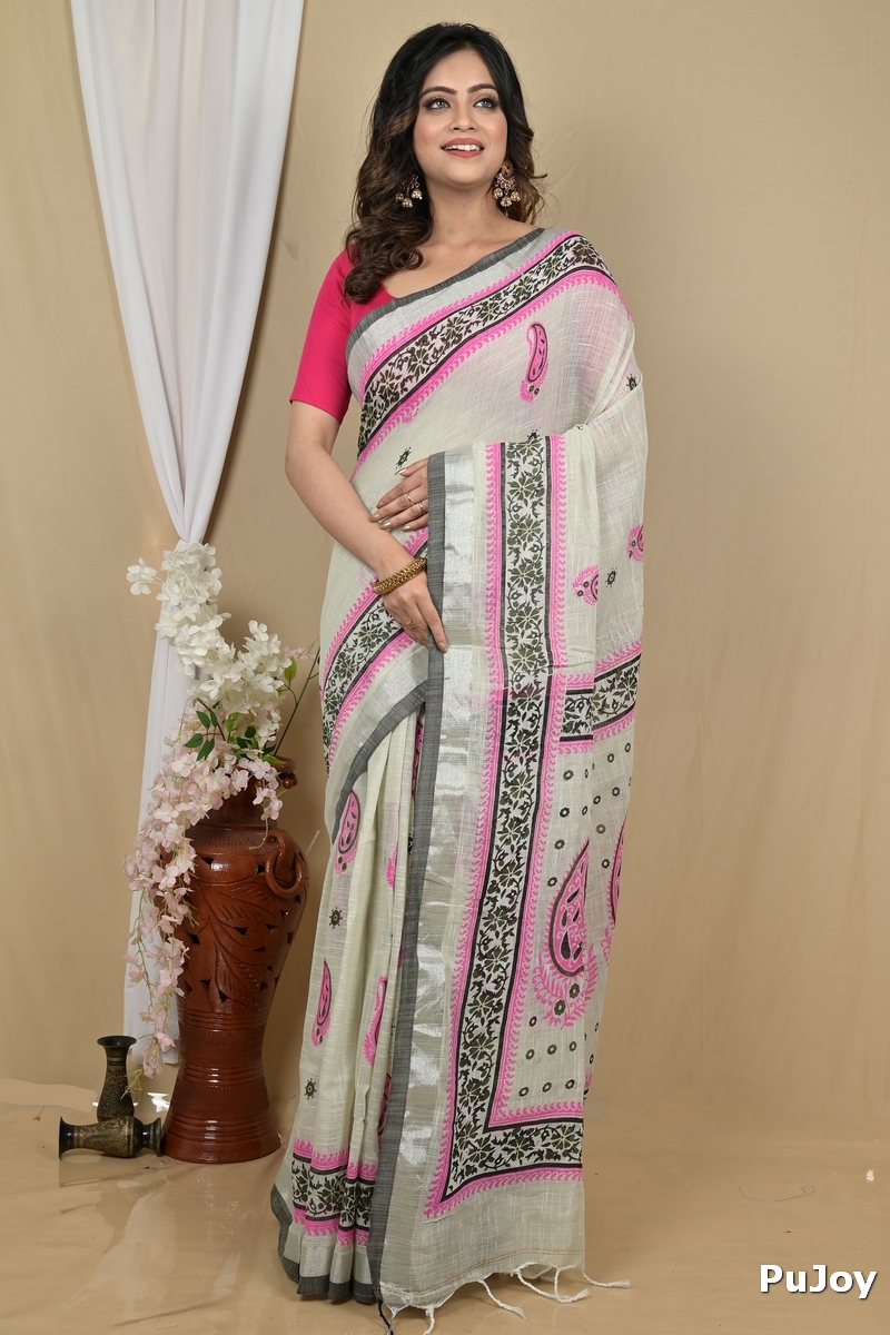 Grey Pink Pure Cotton Hilda Printed Handloom Saree (2107)