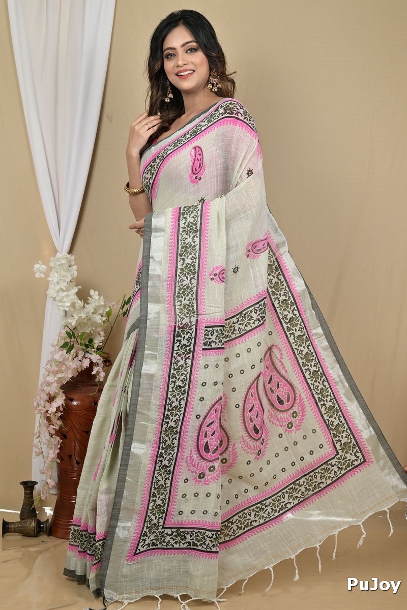 Grey Pink Pure Cotton Hilda Printed Handloom Saree (2107)