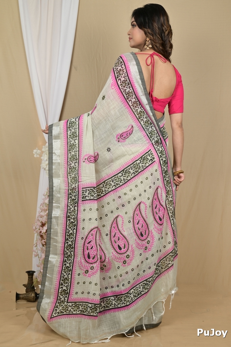 Grey Pink Pure Cotton Hilda Printed Handloom Saree (2107)