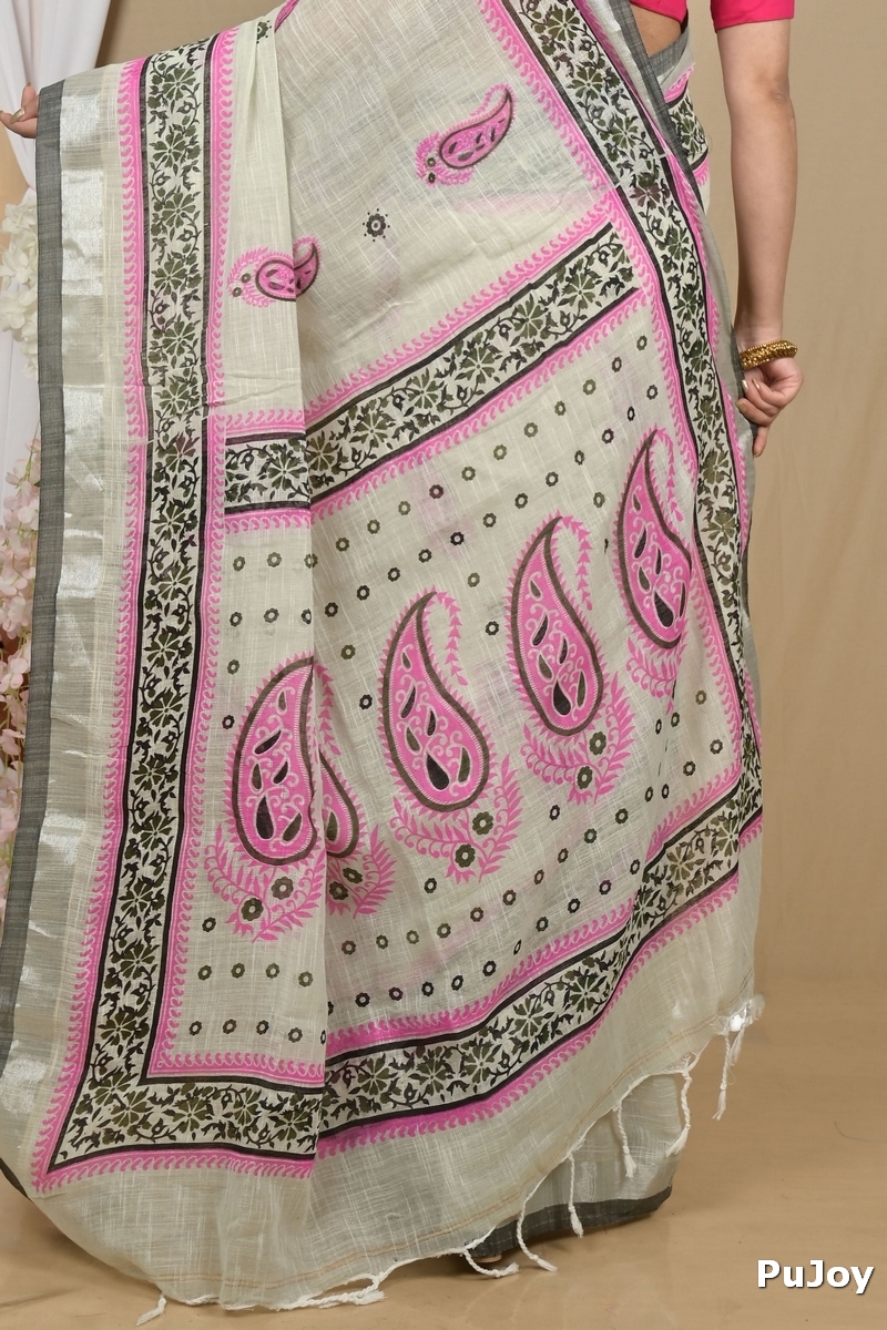 Grey Pink Pure Cotton Hilda Printed Handloom Saree (2107)