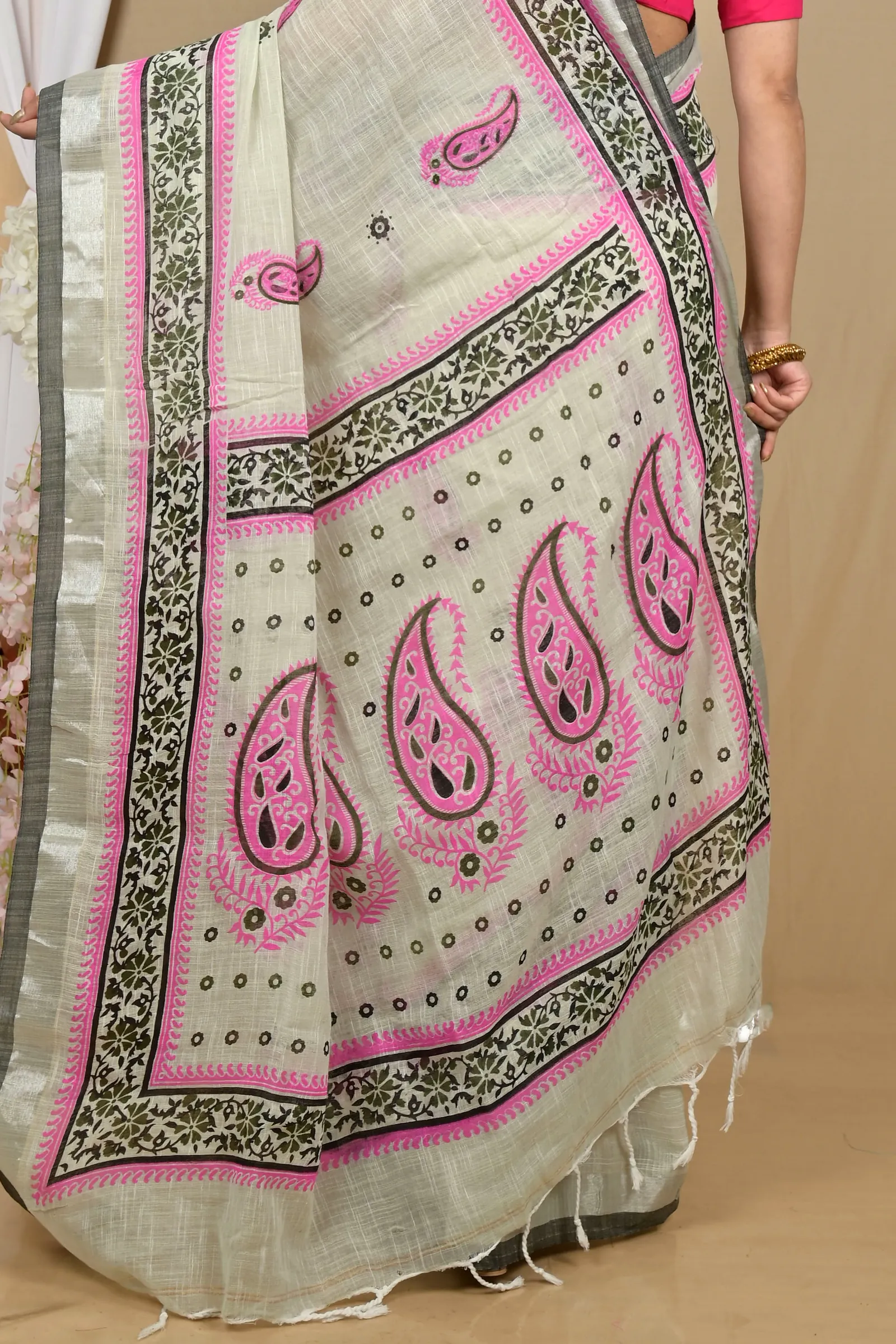 Grey Pink Pure Cotton Hilda Printed Handloom Saree (2107)