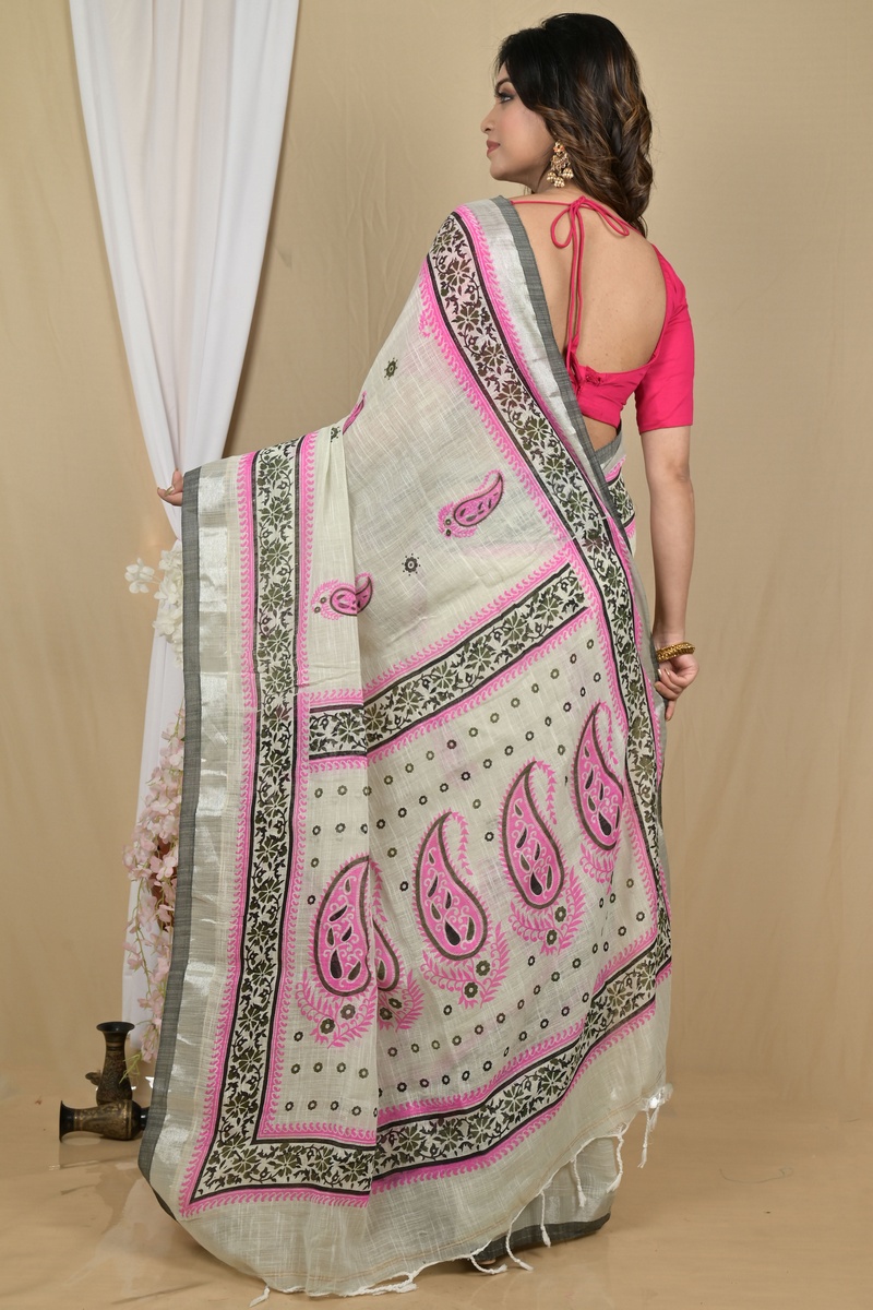 Grey Pink Pure Cotton Hilda Printed Handloom Saree (2107)