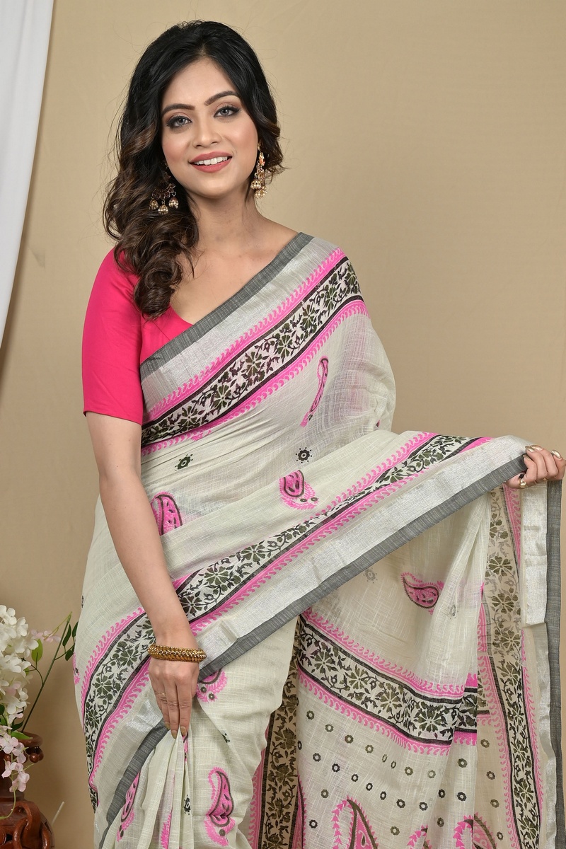 Grey Pink Pure Cotton Hilda Printed Handloom Saree (2107)