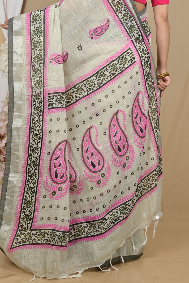 Grey Pink Pure Cotton Hilda Printed Handloom Saree (2107)